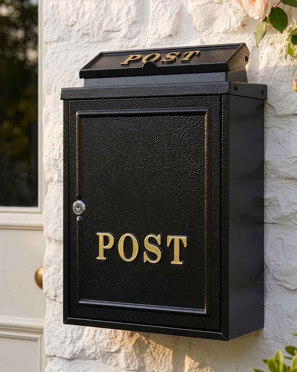 Black "Oxford" Wall Mounted Post Box with Gold Detail digital illustration