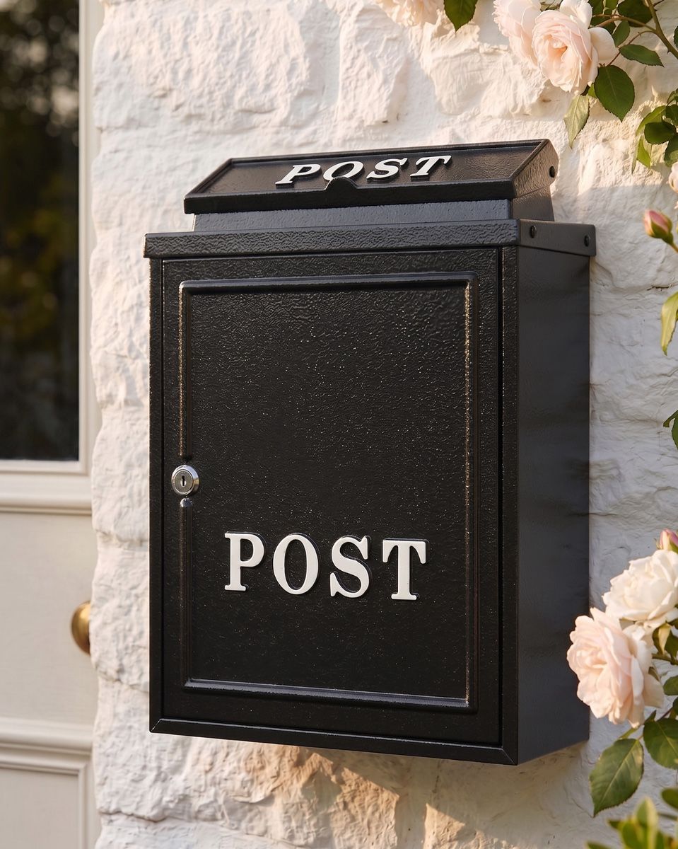 Black "Oxford" Wall Mounted Post Box with White Text digital illustration