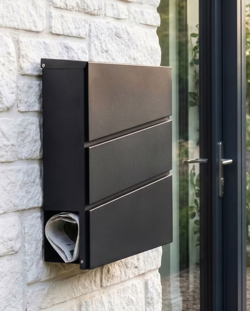Black "Park View" Wall Mounted Post Box & Newspaper Holder digital illustration