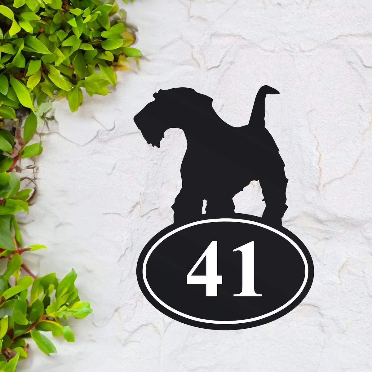 Black airedale terrier house number sign