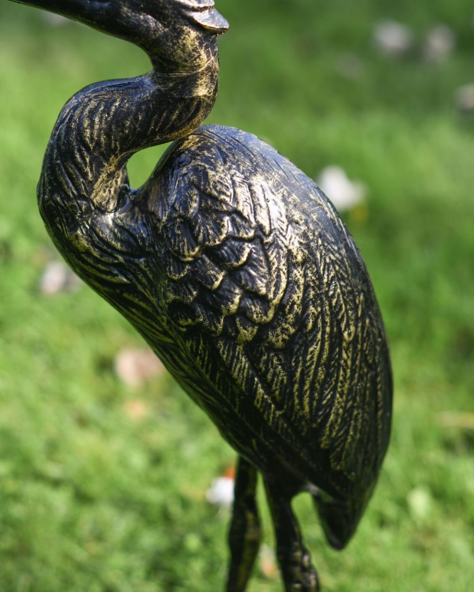 "Kingsley Crane" Black & Gold Cast Aluminium Crane Sculpture Feather Detailing