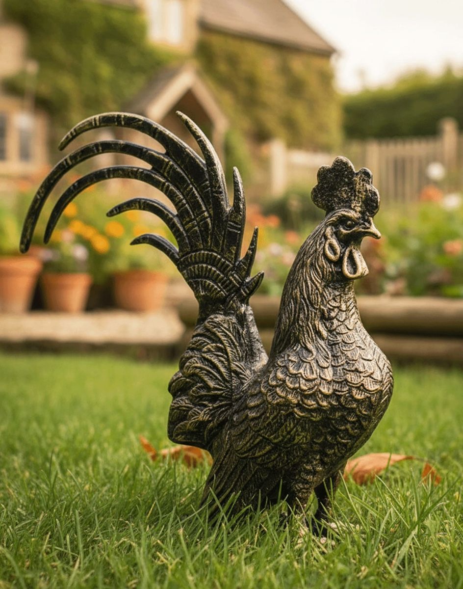 Black and Gold Cast Aluminium Rooster Sculpture Digital Illustration