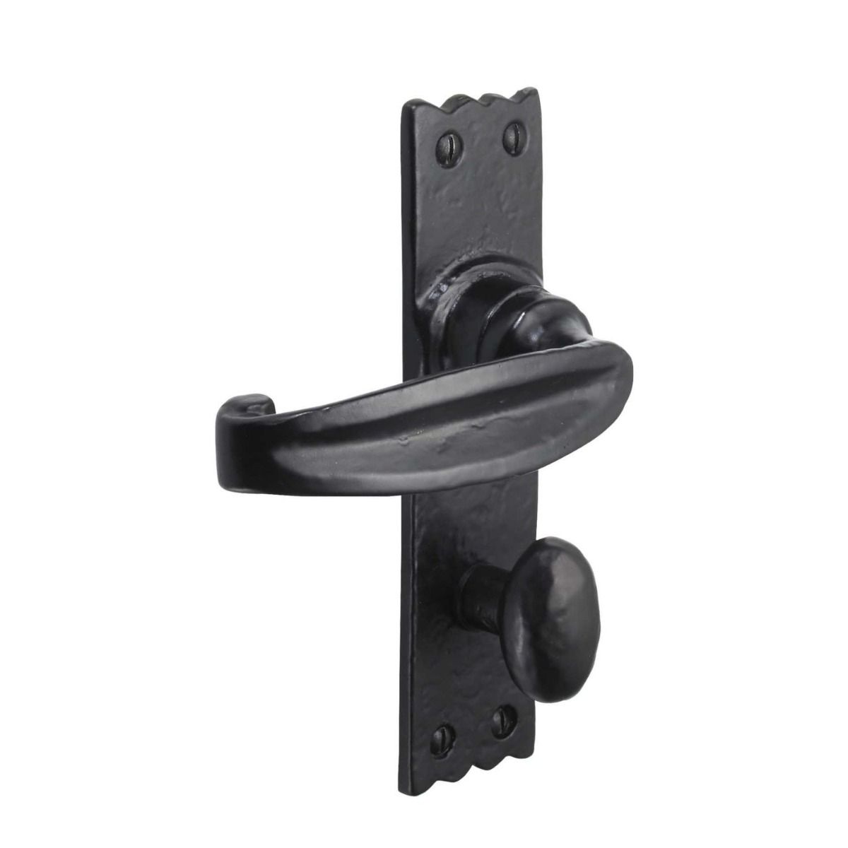 Black Antique Bathroom Door Handles - Rustic Scalloped Privacy Lever Pair on a White Background 