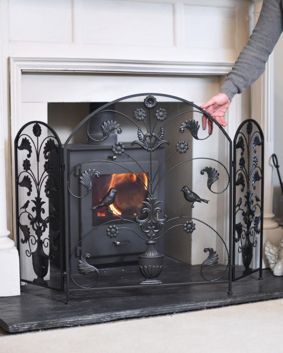 Scale Shot of Black Arched "Birdwatcher" Three Fold Fireguard