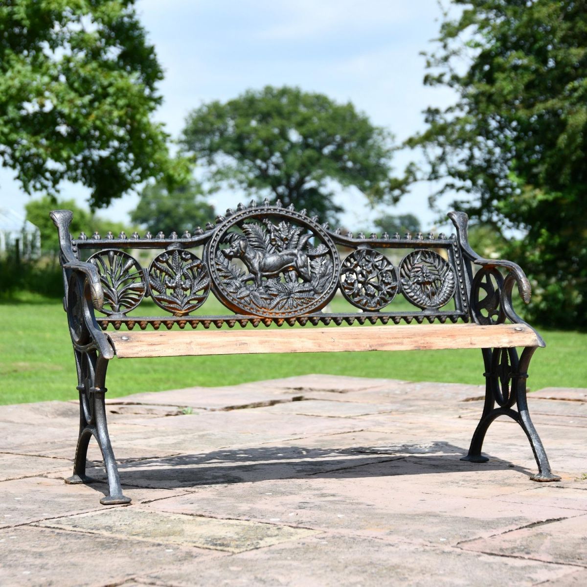 Aged Black Cast Iron & Wood "Dog" Park Bench