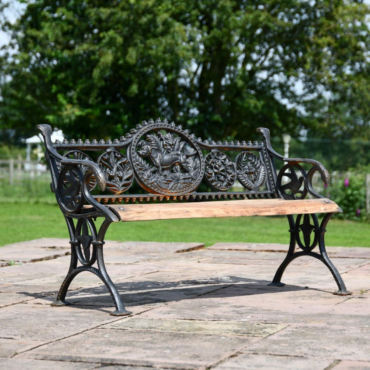 Cast Iron Aged Black Garden Bench with Dog Motif