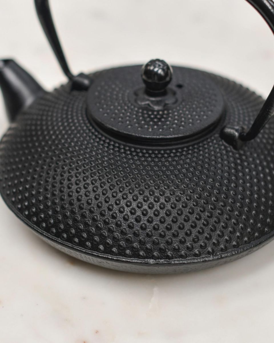Close-Up of Black Cast Iron "Ushirode Kyusu" Japanese Style Teapot