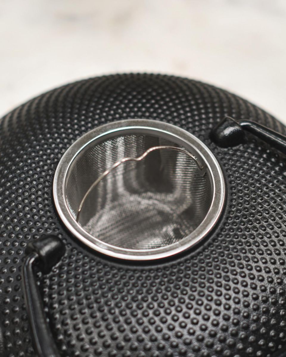 Close-Up of Tea Infuser for Black Cast Iron "Ushirode Kyusu" Japanese Style Teapot