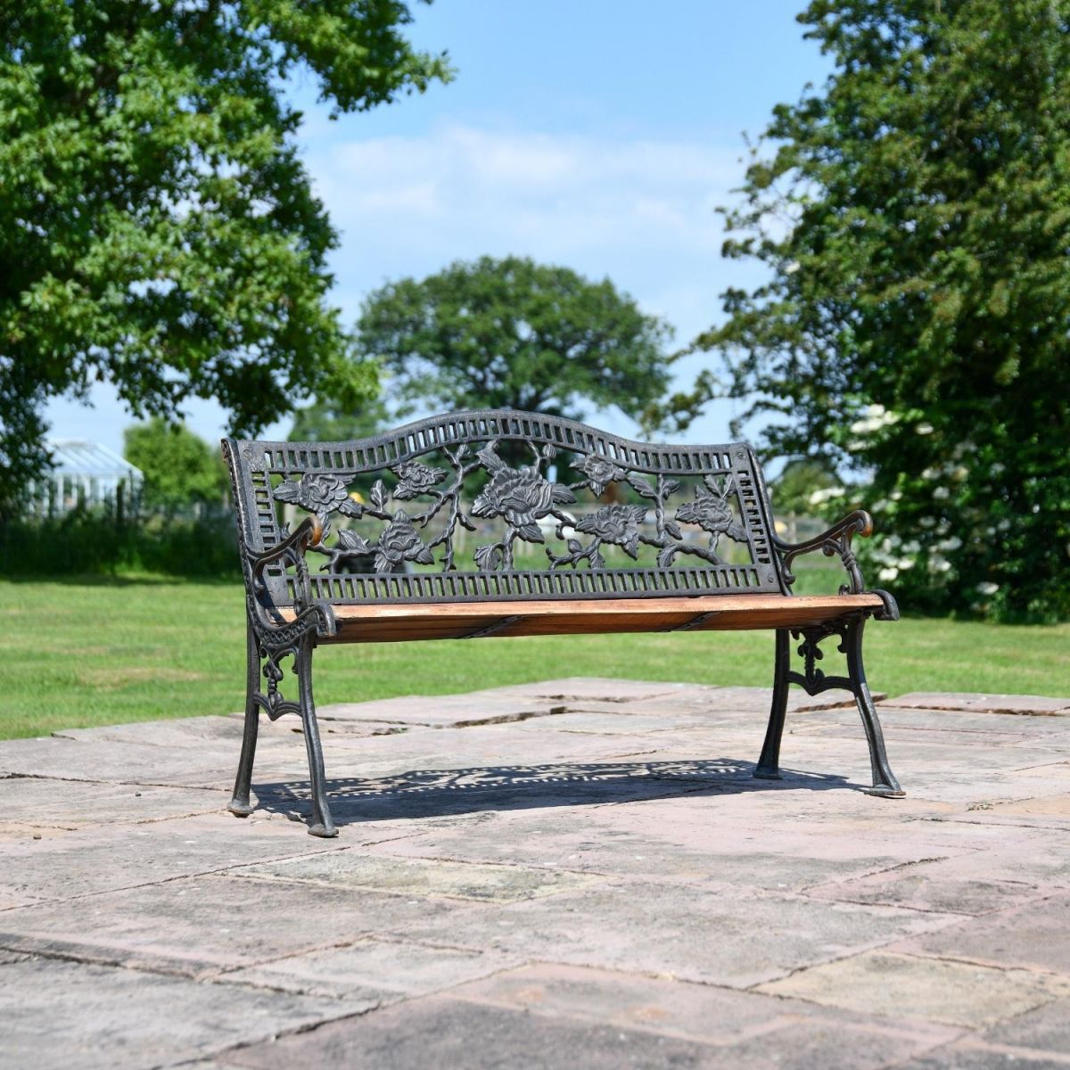 Aged Black Cast Iron & Wood Garden Bench with Rose Motif