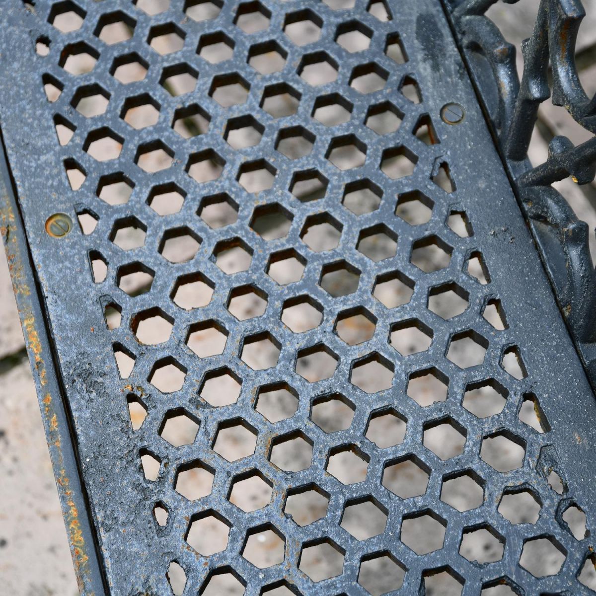 Close up of honeycomb design on three seater bench  Close up of honeycomb design on three seater bench