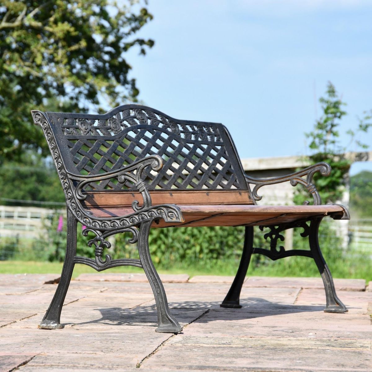 Aged Black Cast Iron & Wood "Rose Lattice" Garden Bench
