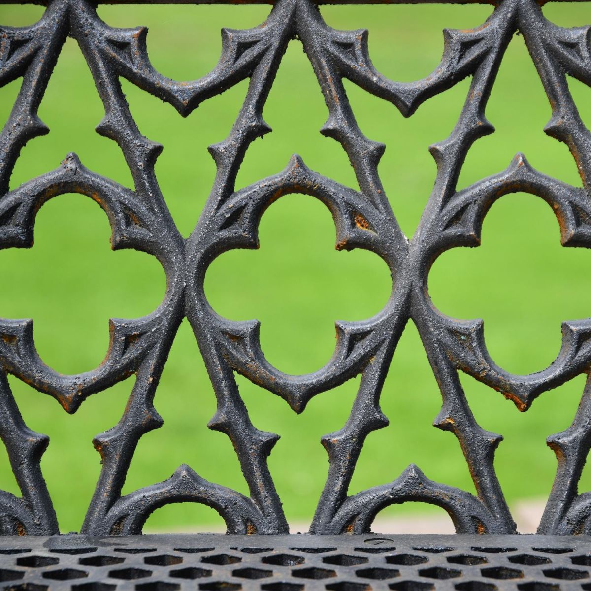 Close up of decorative design on three seater "Quatrefoil" bench  Close up of decorative design on three seater "Quatrefoil" bench