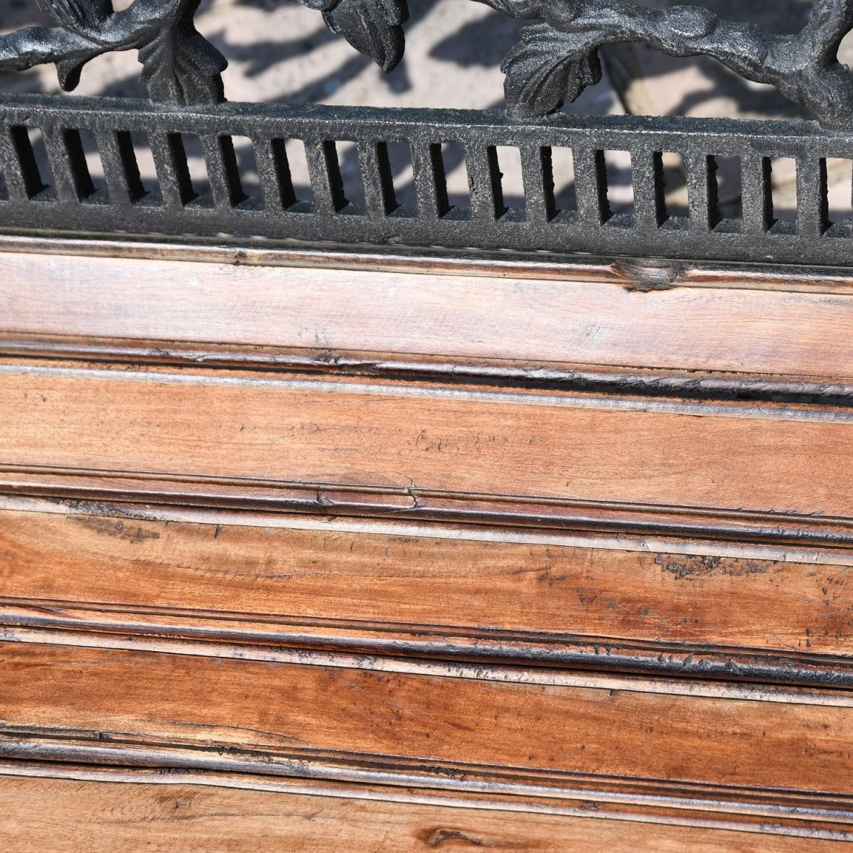Close up of wooden slats on "Rose" Garden Bench