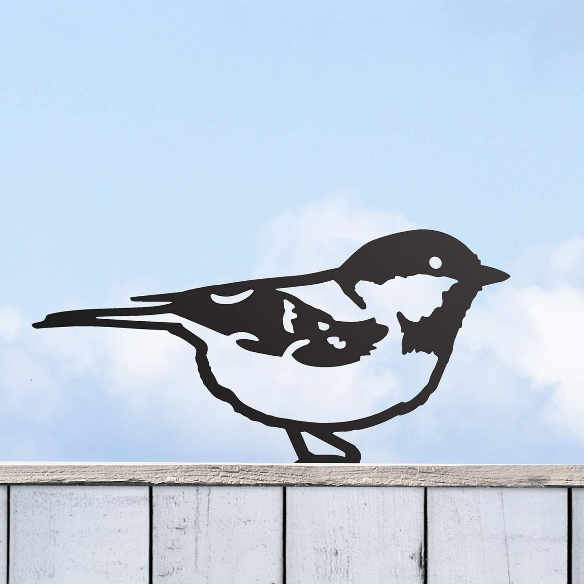 Black Coal Tit Steel Fence Topper in Situ