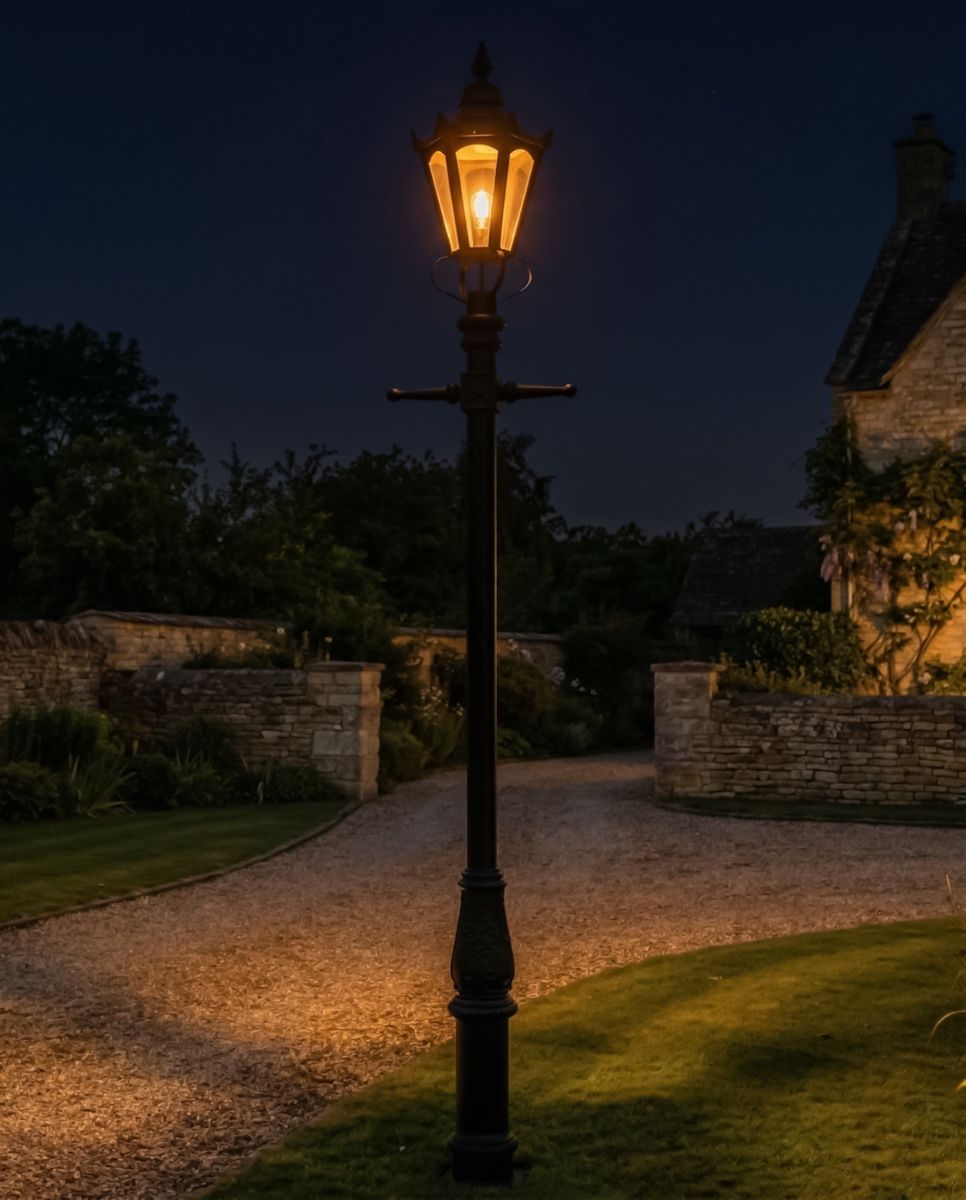 Black Concordia Hexagonal Extra Large Lantern & Lamp Post Set digital illustration at night