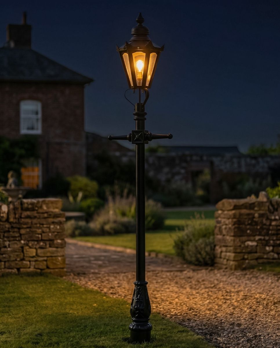 Black Concordia Hexagonal Lamp Post & Lantern Set 2 .3m digital illustration at night
