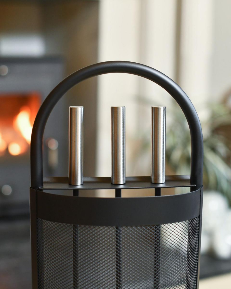 Close-Up of Three Fireside Tools on Black Contemporary Arched Three-Piece Companion Set Close-Up of Three Fireside Tools on Black Contemporary Arched Three-Piece Companion Set
