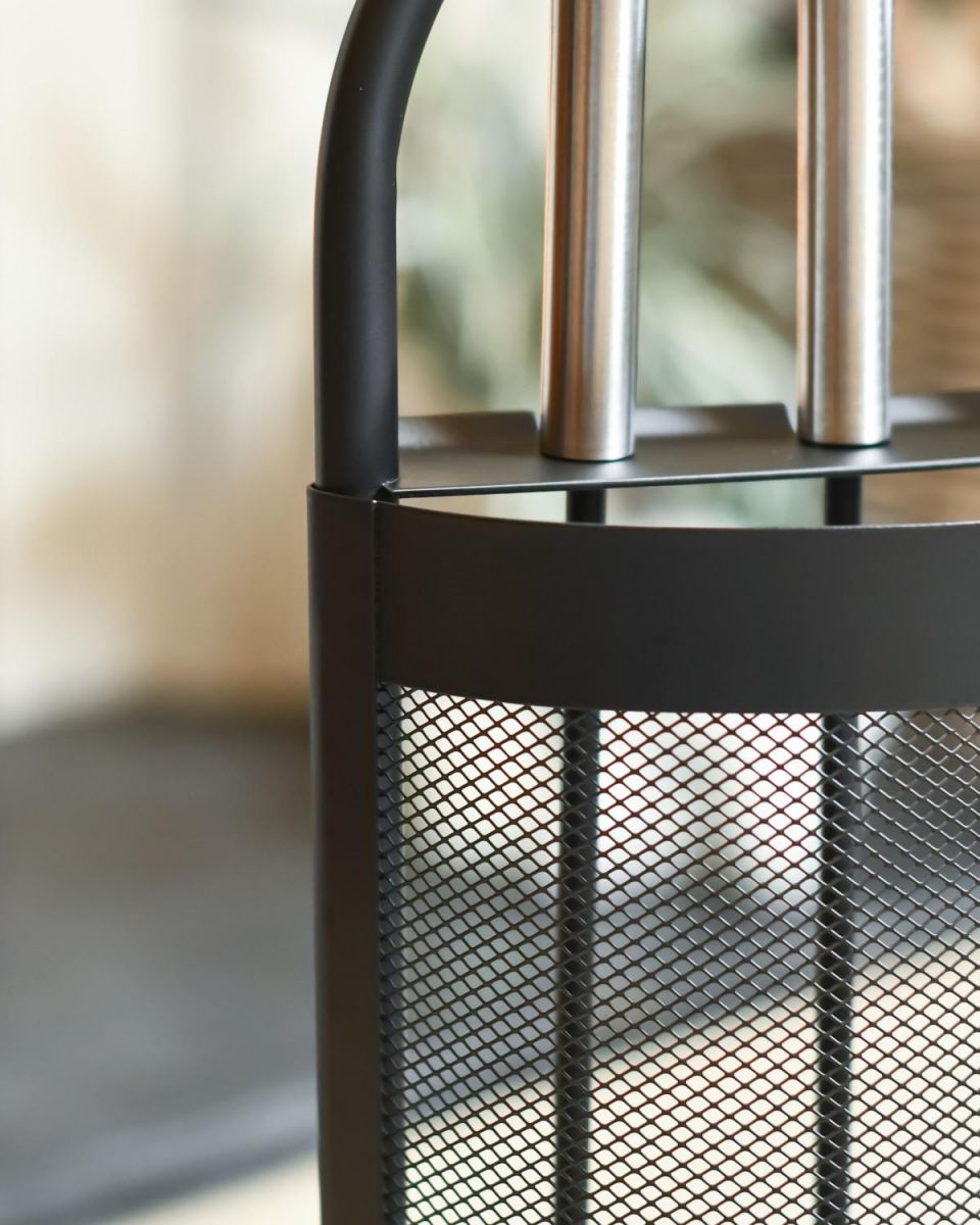 Close-Up of Brushed Steel Handles on Black Contemporary Arched Three-Piece Companion Set Close-Up of Brushed Steel Handles on Black Contemporary Arched Three-Piece Companion Set