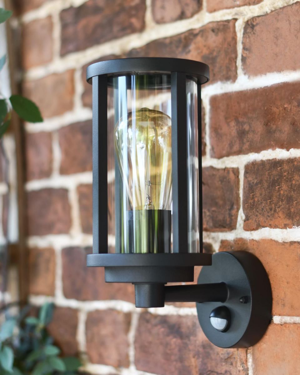 Black Contemporary "Charlotte" Outdoor Wall Light with Motion Sensor in Situ