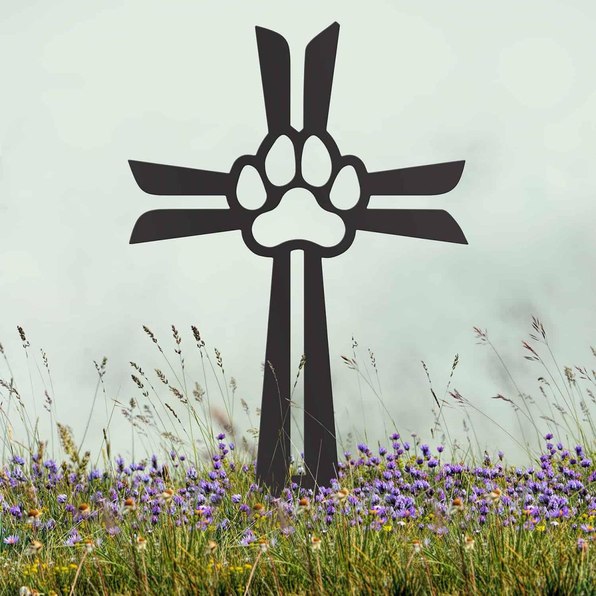 Black Contemporary Paw Print on Cross Grave Marker Ground Spike