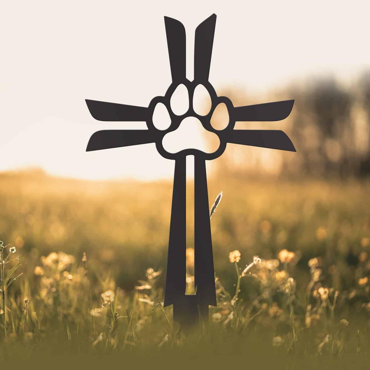 Contemporary Paw Print on Cross Grave Marker Ground Spike in Black Finish in Situ