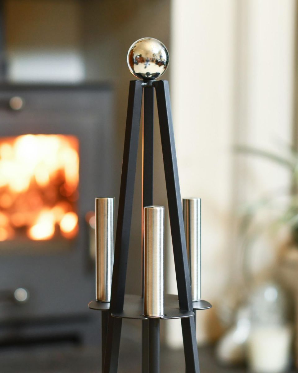 Close Up Of Black Contemporary "Pyramid" Companion Set Pyramid Design Close Up Of Black Contemporary "Pyramid" Companion Set Pyramid Design