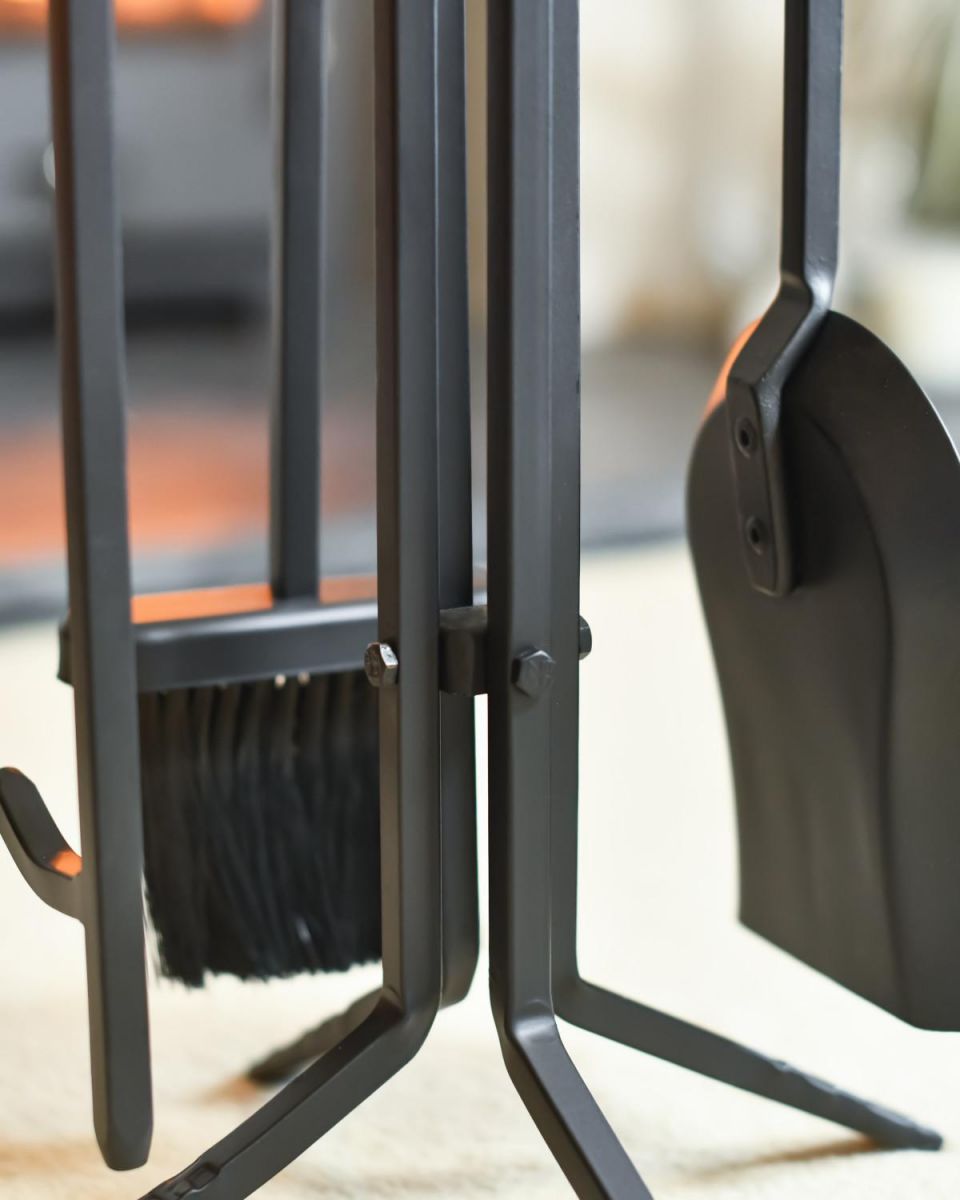 Close Up Of Black Contemporary "Quad Stand" Four Piece Companion Set Brush And Shovel