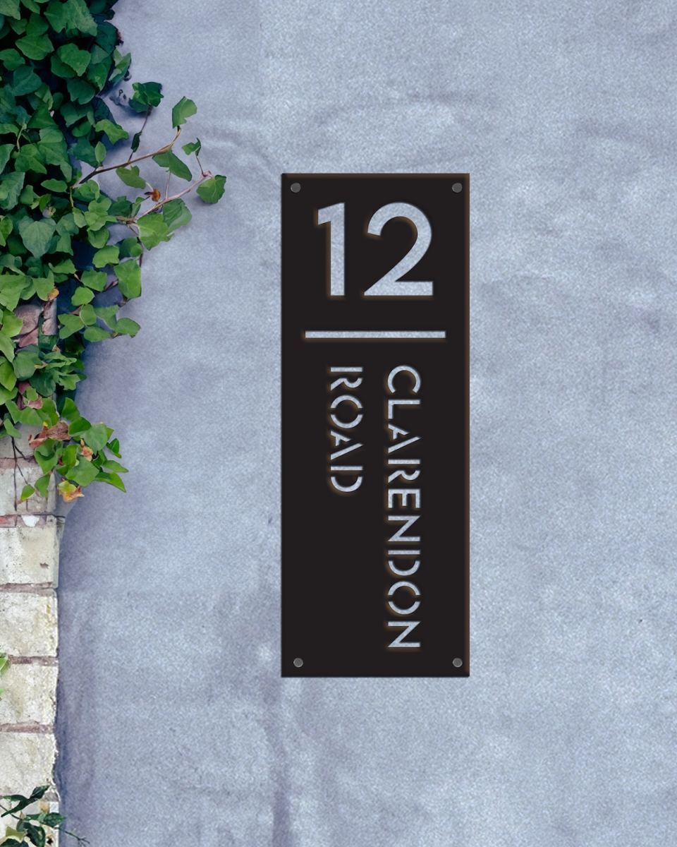 Modern vertical house number and street name sign