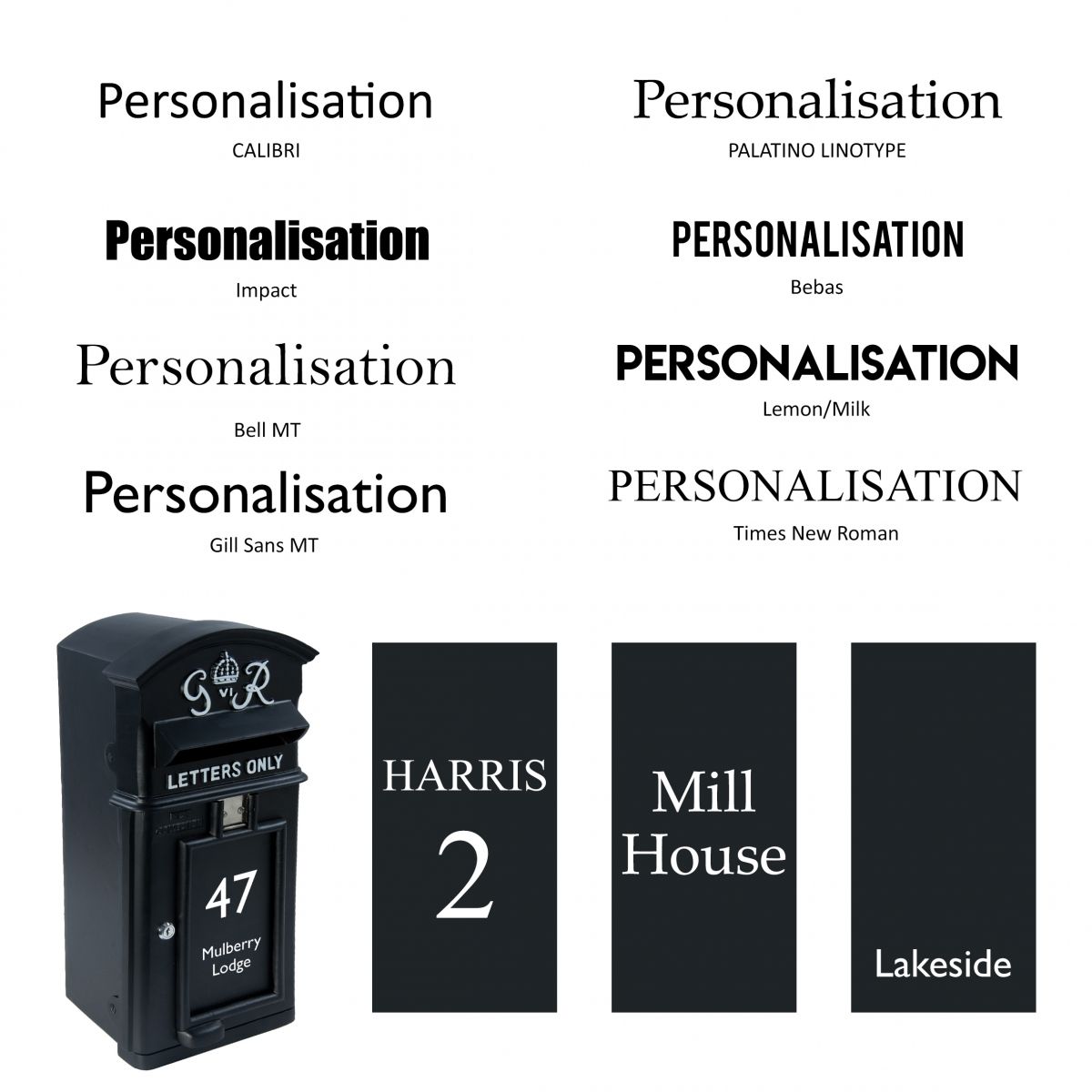 Black Curved Top GR Post Box & Stand With Personalization