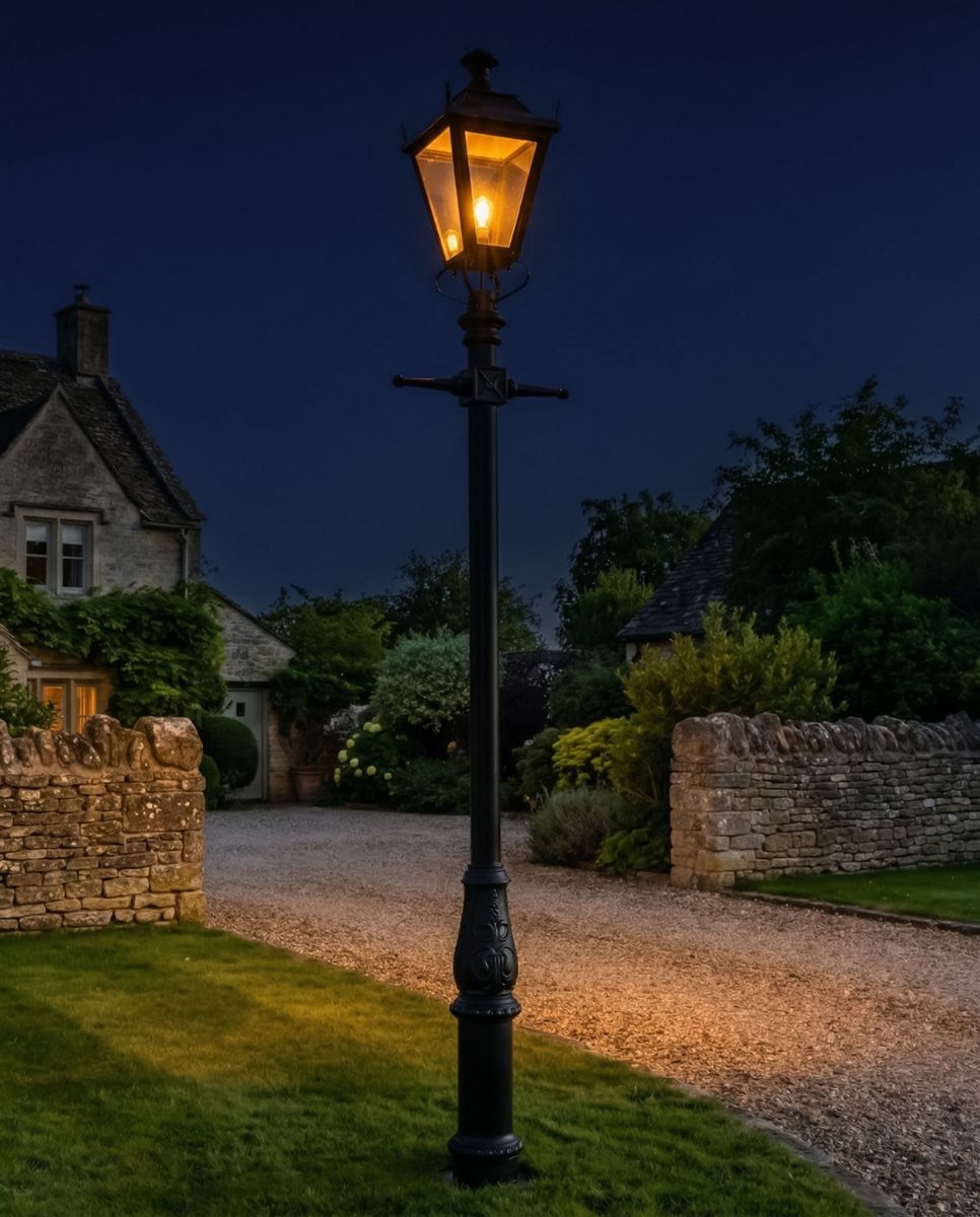 Black Dorchester Lamp Post & Lantern Set 3.7m digital illustration at night