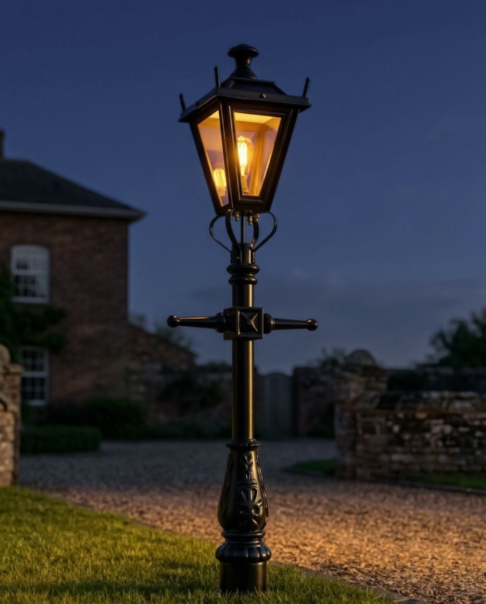 Black Dorchester Miniature Lamp Post - 1.5m digital illustration at night