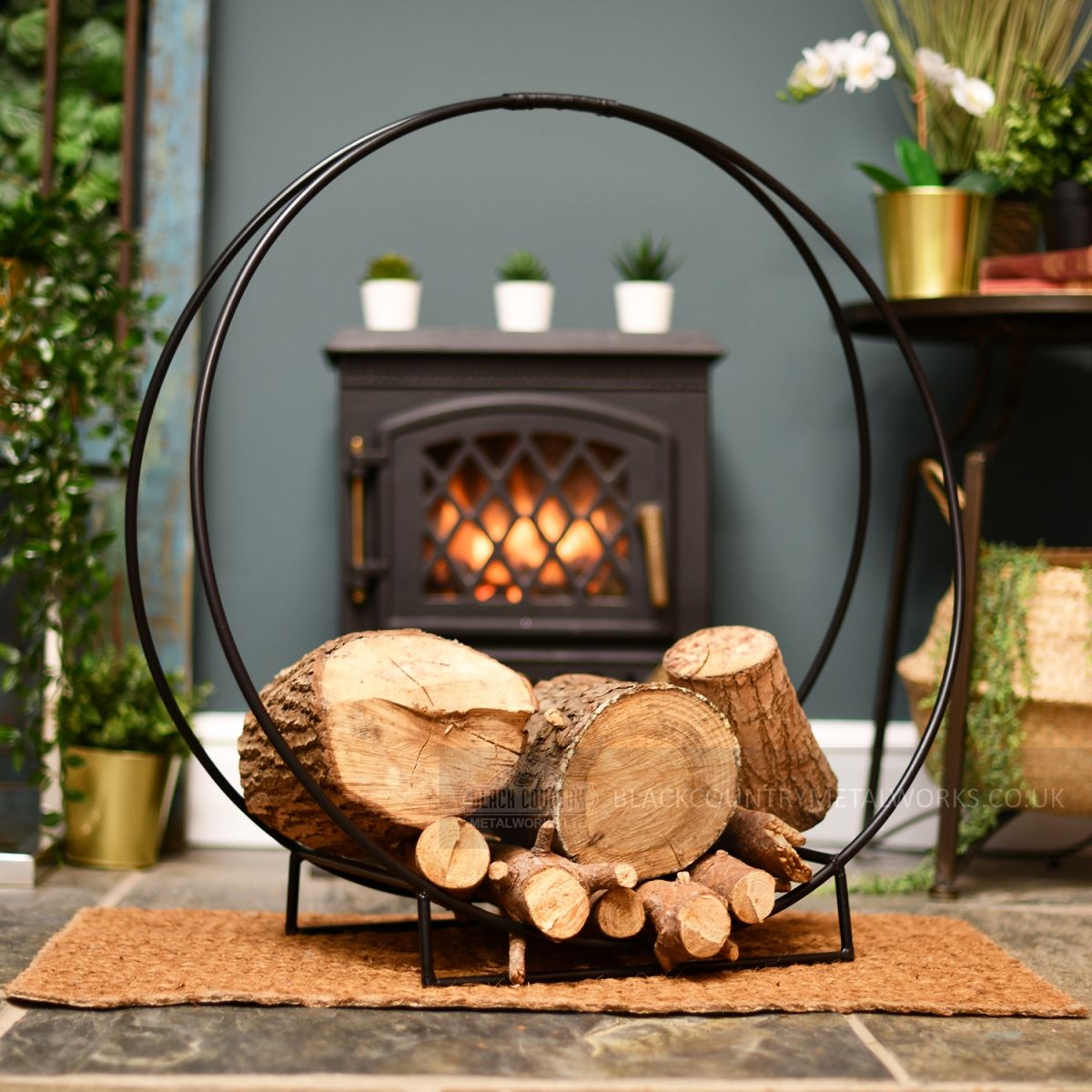 “Harewood Park” Contemporary Wrought Iron Log Holder in Situ Next to the Fireplace