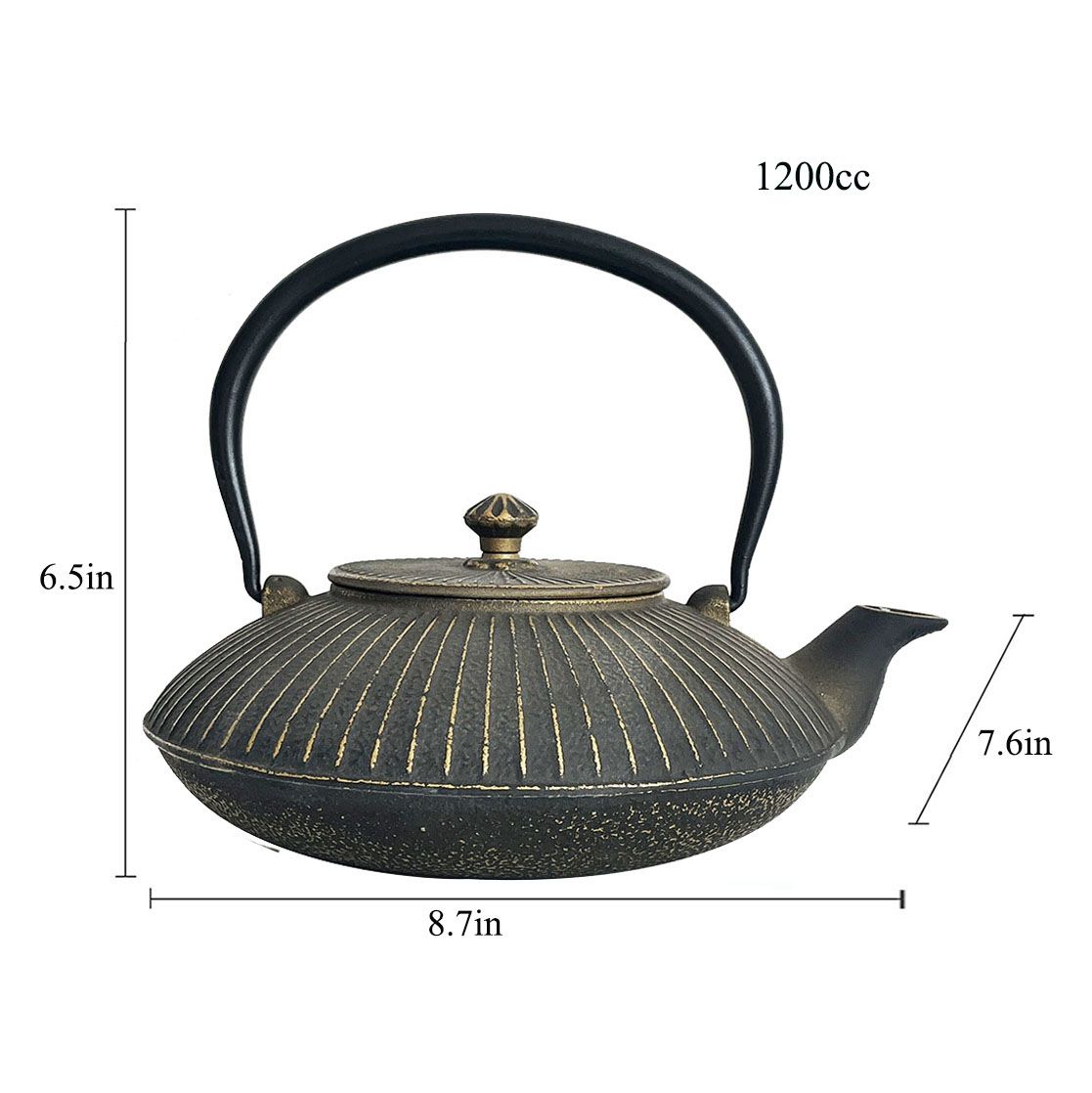 Black & Gold "Kyusu" Cast Iron Japanese Teapot Dimensions Black & Gold "Kyusu" Cast Iron Japanese Teapot Dimensions