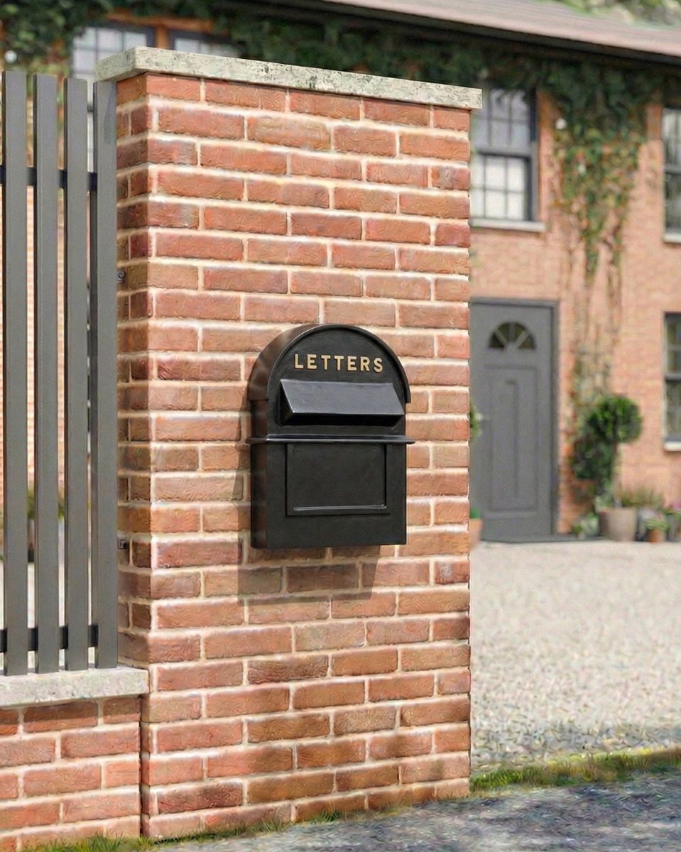 black_gold_grosvenor_telescopic_post_and_parcel_box_on_a_wall installed on a new home 