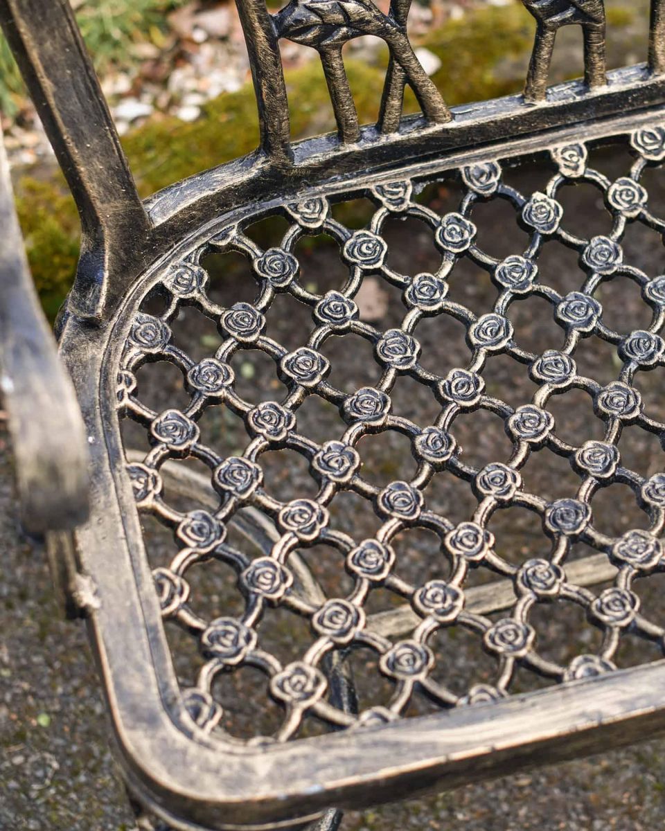 Close-Up of Seat for Black & Gold Rose Design Bench