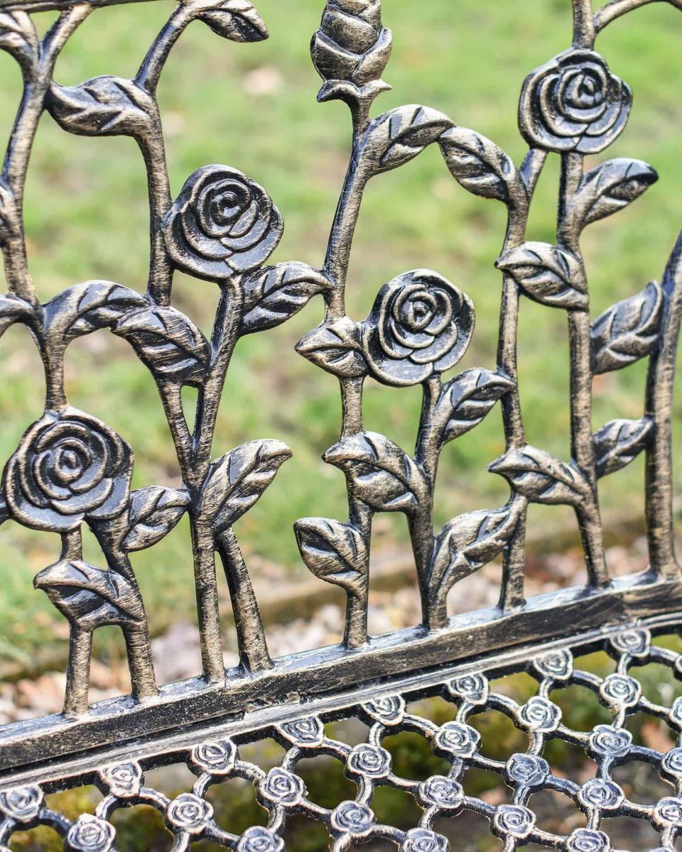 Close-Up of Rose Backrest on Black & Gold Rose Design Bench