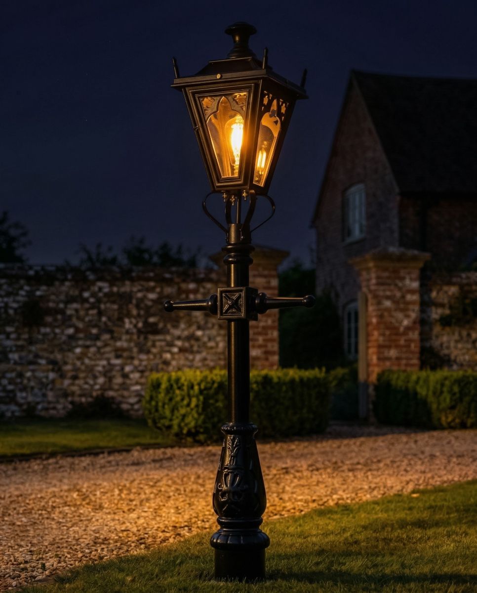 Black Gothic Miniature Lamp Post - 1.5m digital illustration at night