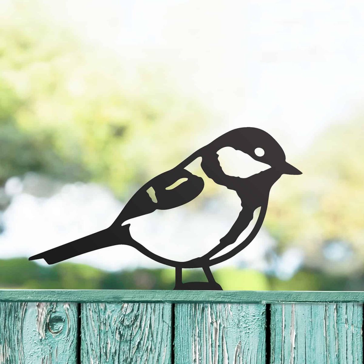 Black Great Tit Steel Fence Topper in Situ