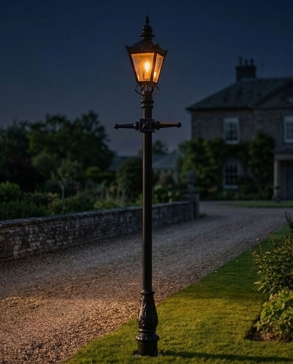 Black Harrogate Lamp Post Set - 2m at night digital illustration