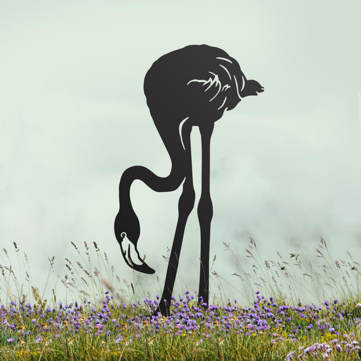 Black "Head Down" Flamingo Sheet Steel Silhouette in Situ