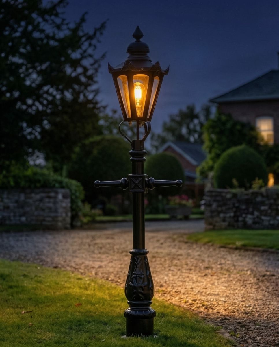 Black Hexagonal Miniature Lamp Post - 1.5m digital illustration at night