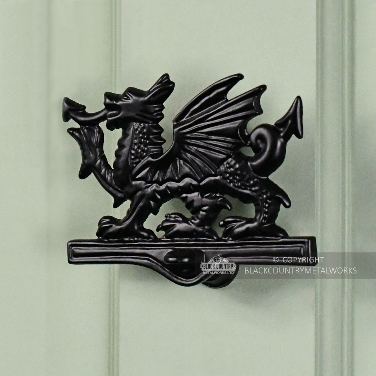 Black Iron Welsh Dragon Door Knocker On Front Door
