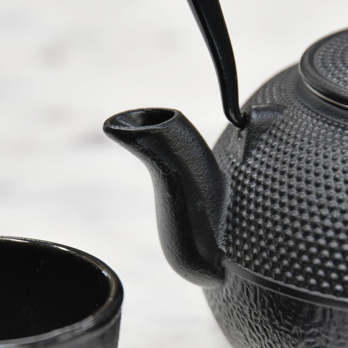 Close-Up of Spout on Black "Kyusu" Cast Iron Japanese Teapot with Handle