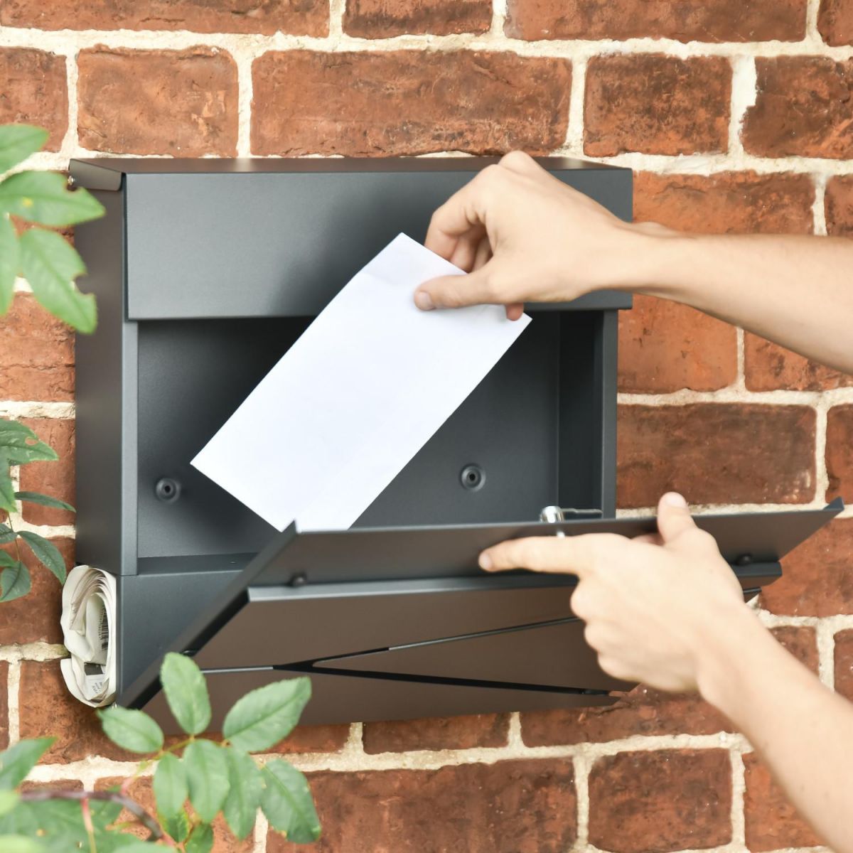 Front Opening in Use on Black "Leading Edge" Wall Mounted Post Box & Newspaper Holder