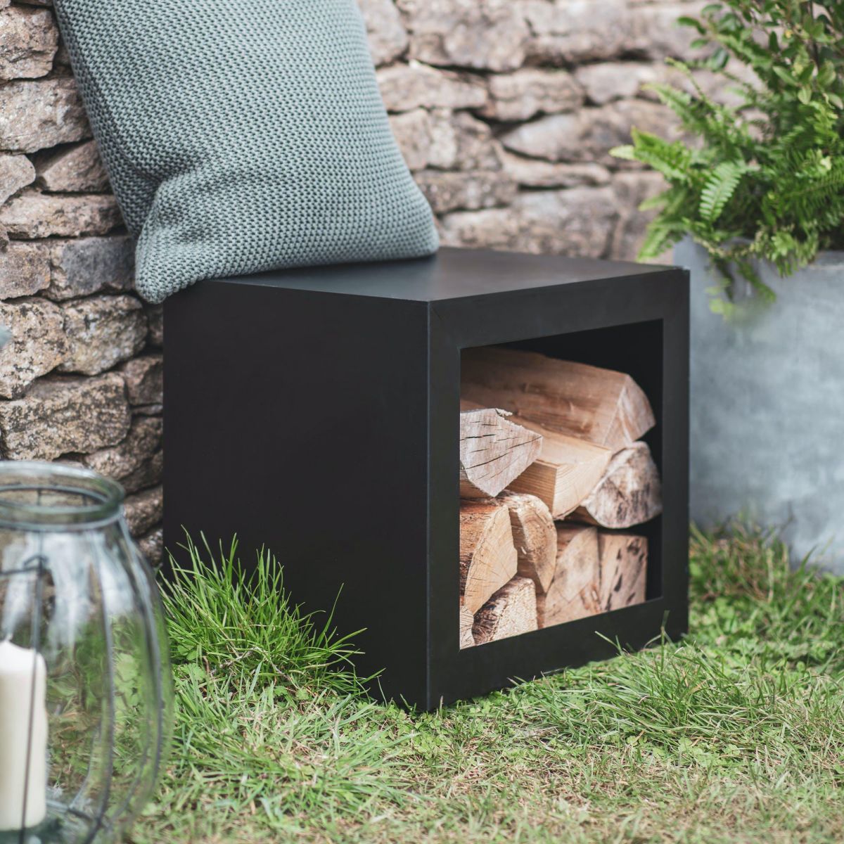 Black Metal Log Holder Stool in Situ