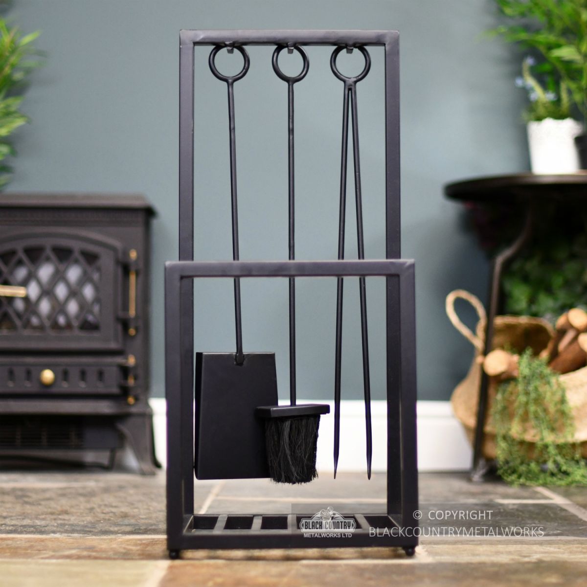 Black Modern Fireside Log Holder With Tools