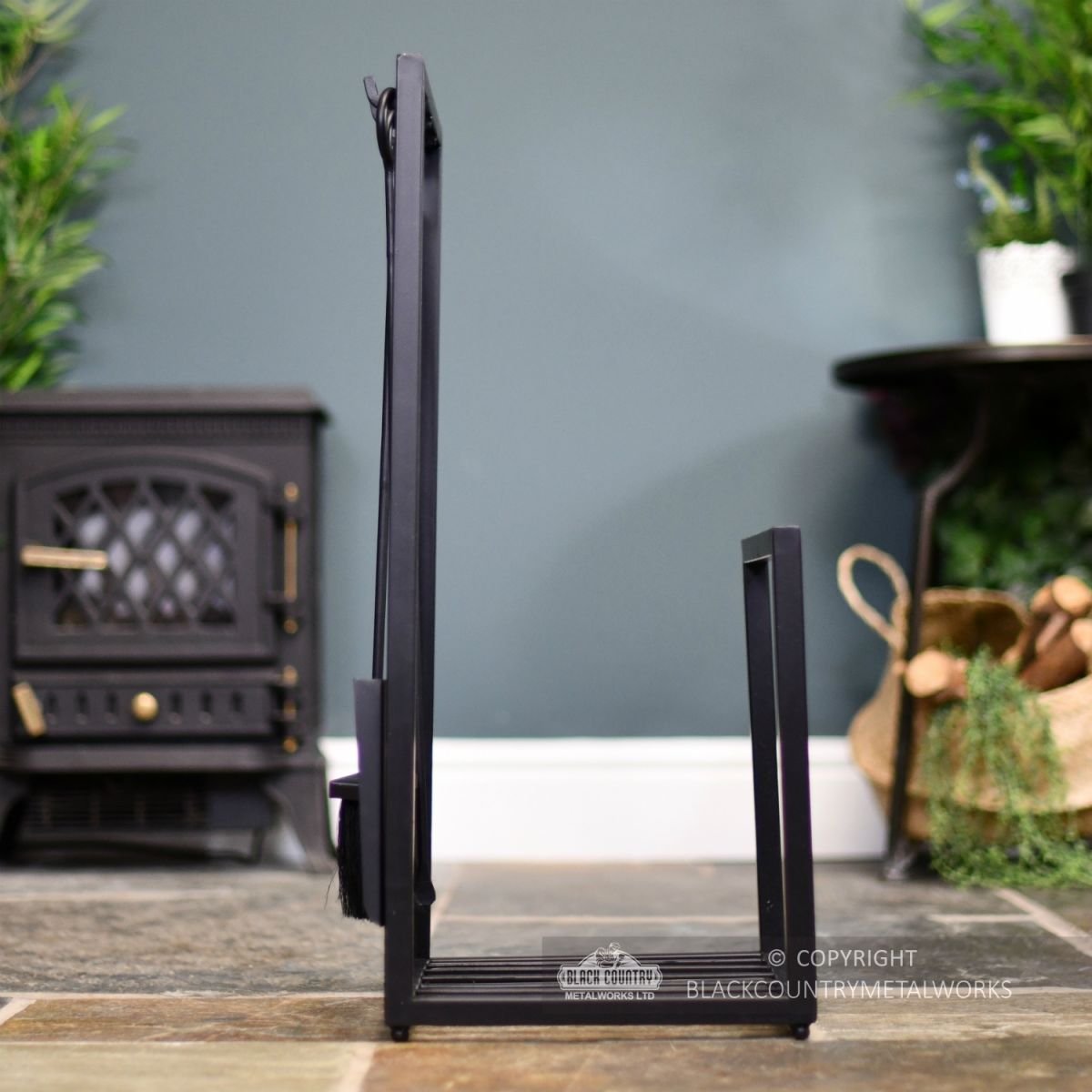 Black Modern Log Holder With Built In Companion Set With Tools