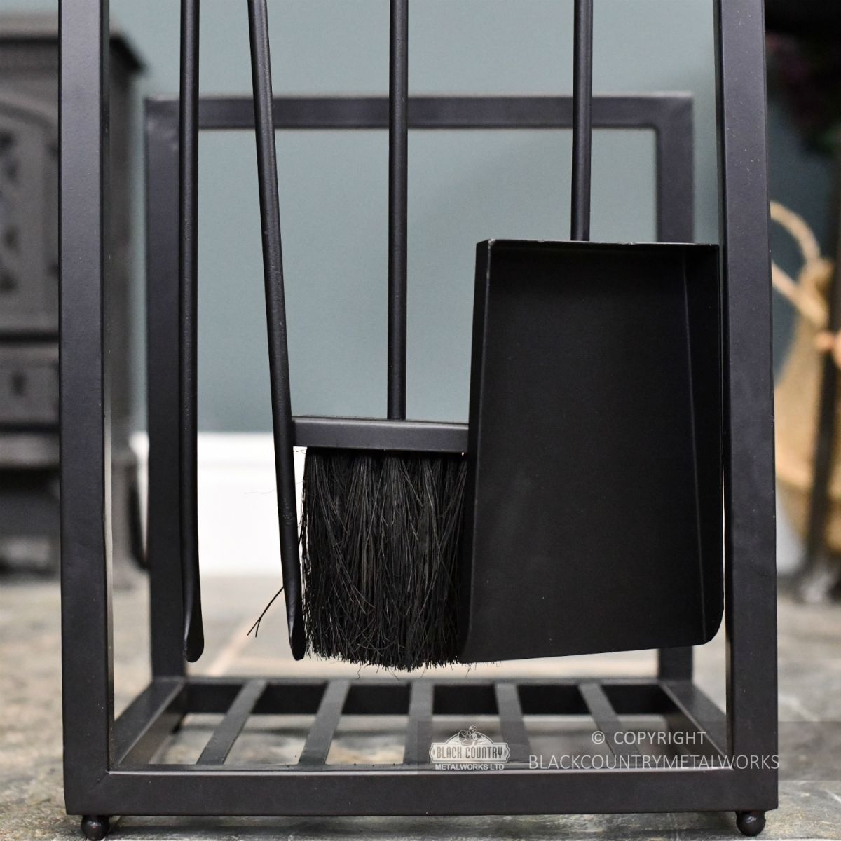 Black Modern Log Holder With Tools Close Up