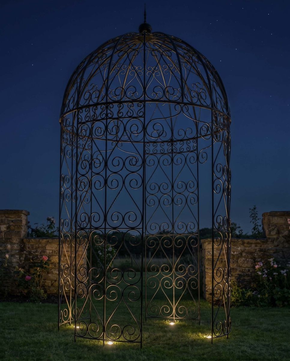 Black ornate scroll gazebo in garden Digital Illustration At Night