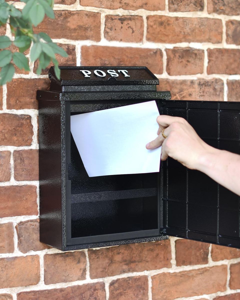 Lockable Front Open and in Use on Black "Oxford" Rooster Wall Mounted Post Box with White Text